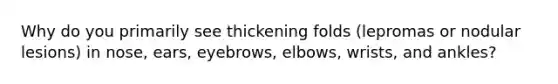 Why do you primarily see thickening folds (lepromas or nodular lesions) in nose, ears, eyebrows, elbows, wrists, and ankles?