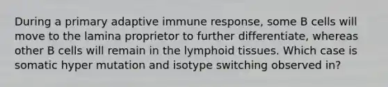 During a primary adaptive immune response, some B cells will move to the lamina proprietor to further differentiate, whereas other B cells will remain in the lymphoid tissues. Which case is somatic hyper mutation and isotype switching observed in?