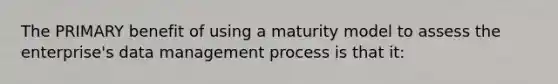 The PRIMARY benefit of using a maturity model to assess the enterprise's data management process is that it: