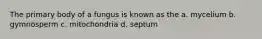 The primary body of a fungus is known as the a. mycelium b. gymnosperm c. mitochondria d. septum