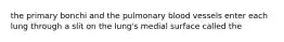 the primary bonchi and the pulmonary blood vessels enter each lung through a slit on the lung's medial surface called the