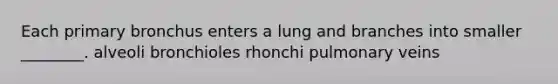 Each primary bronchus enters a lung and branches into smaller ________. alveoli bronchioles rhonchi pulmonary veins