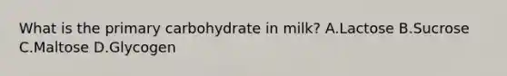 What is the primary carbohydrate in milk? A.Lactose B.Sucrose C.Maltose D.Glycogen