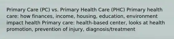 Primary Care (PC) vs. Primary Health Care (PHC) Primary health care: how finances, income, housing, education, environment impact health Primary care: health-based center, looks at health promotion, prevention of injury, diagnosis/treatment