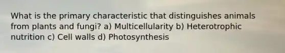 What is the primary characteristic that distinguishes animals from plants and fungi? a) Multicellularity b) Heterotrophic nutrition c) Cell walls d) Photosynthesis