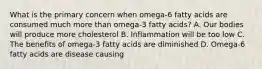 What is the primary concern when omega-6 fatty acids are consumed much more than omega-3 fatty acids? A. Our bodies will produce more cholesterol B. Inflammation will be too low C. The benefits of omega-3 fatty acids are diminished D. Omega-6 fatty acids are disease causing