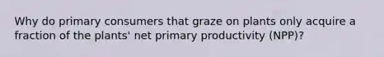 Why do primary consumers that graze on plants only acquire a fraction of the plants' net primary productivity (NPP)?