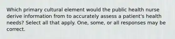 Which primary cultural element would the public health nurse derive information from to accurately assess a patient's health needs? Select all that apply. One, some, or all responses may be correct.