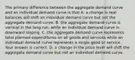 The primary difference between the aggregate demand curve and an individual demand curve is that A. a change in real balances will shift an individual demand curve but not the aggregate demand curve. B. the aggregate demand curve is vertical in the long​ run, while an individual demand curve is downward sloping. C. the aggregate demand curve represents total planned expenditures on all goods and services while an individual demand curve represents a single good or service. Your answer is correct. D. a change in the price level will shift the aggregate demand curve but not an individual demand curve.