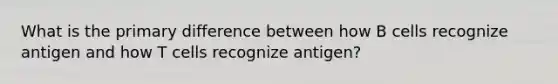 What is the primary difference between how B cells recognize antigen and how T cells recognize antigen?