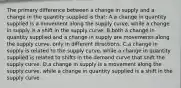 The primary difference between a change in supply and a change in the quantity supplied is that: A.a change in quantity supplied is a movement along the supply curve, while a change in supply is a shift in the supply curve. B.both a change in quantity supplied and a change in supply are movements along the supply curve, only in different directions. C.a change in supply is related to the supply curve, while a change in quantity supplied is related to shifts in the demand curve that shift the supply curve. D.a change in supply is a movement along the supply curve, while a change in quantity supplied is a shift in the supply curve.