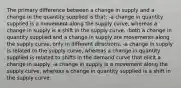 The primary difference between a change in supply and a change in the quantity supplied is that: -a change in quantity supplied is a movement along the supply curve, whereas a change in supply is a shift in the supply curve. -both a change in quantity supplied and a change in supply are movements along the supply curve, only in different directions. -a change in supply is related to the supply curve, whereas a change in quantity supplied is related to shifts in the demand curve that elicit a change in supply. -a change in supply is a movement along the supply curve, whereas a change in quantity supplied is a shift in the supply curve.