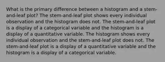 What is the primary difference between a histogram and a stem-and-leaf plot? The stem-and-leaf plot shows every individual observation and the histogram does not. The stem-and-leaf plot is a display of a categorical variable and the histogram is a display of a quantitative variable. The histogram shows every individual observation and the stem-and-leaf plot does not. The stem-and-leaf plot is a display of a quantitative variable and the histogram is a display of a categorical variable.