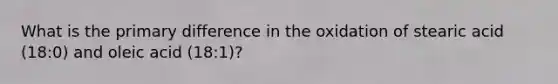 What is the primary difference in the oxidation of stearic acid (18:0) and oleic acid (18:1)?