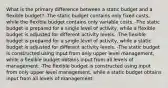 What is the primary difference between a static budget and a flexible budget? -The static budget contains only fixed costs, while the flexible budget contains only variable costs. -The static budget is prepared for a single level of activity, while a flexible budget is adjusted for different activity levels. -The flexible budget is prepared for a single level of activity, while a static budget is adjusted for different activity levels. -The static budget is constructed using input from only upper level management, while a flexible budget obtains input from all levels of management. -The flexible budget is constructed using input from only upper level management, while a static budget obtains input from all levels of management.