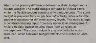 What is the primary difference between a static budget and a flexible budget? The static budget contains only fixed costs, while the flexible budget contains only variable costs. The static budget is prepared for a single level of activity, while a flexible budget is adjusted for different activity levels. The static budget is constructed using input from only upper level management, while a flexible budget obtains input from all levels of management. The static budget is prepared only for units produced, while a flexible budget reflects the number of units sold.