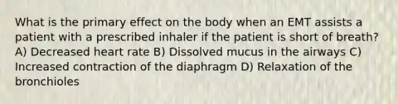 What is the primary effect on the body when an EMT assists a patient with a prescribed inhaler if the patient is short of breath? A) Decreased heart rate B) Dissolved mucus in the airways C) Increased contraction of the diaphragm D) Relaxation of the bronchioles