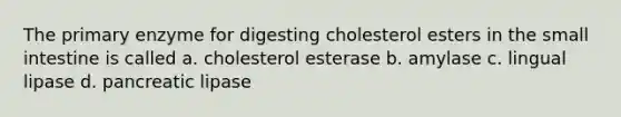 The primary enzyme for digesting cholesterol esters in the small intestine is called a. cholesterol esterase b. amylase c. lingual lipase d. pancreatic lipase