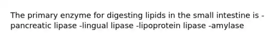 The primary enzyme for digesting lipids in the small intestine is -pancreatic lipase -lingual lipase -lipoprotein lipase -amylase