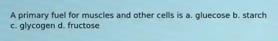 A primary fuel for muscles and other cells is a. gluecose b. starch c. glycogen d. fructose