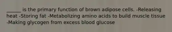 ______ is the primary function of brown adipose cells. -Releasing heat -Storing fat -Metabolizing amino acids to build muscle tissue -Making glycogen from excess blood glucose