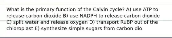 What is the primary function of the Calvin cycle? A) use ATP to release carbon dioxide B) use NADPH to release carbon dioxide C) split water and release oxygen D) transport RuBP out of the chloroplast E) synthesize simple sugars from carbon dio