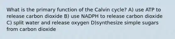 What is the primary function of the Calvin cycle? A) use ATP to release carbon dioxide B) use NADPH to release carbon dioxide C) split water and release oxygen D)synthesize simple sugars from carbon dioxide