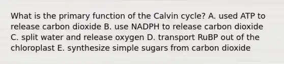 What is the primary function of the Calvin cycle? A. used ATP to release carbon dioxide B. use NADPH to release carbon dioxide C. split water and release oxygen D. transport RuBP out of the chloroplast E. synthesize simple sugars from carbon dioxide