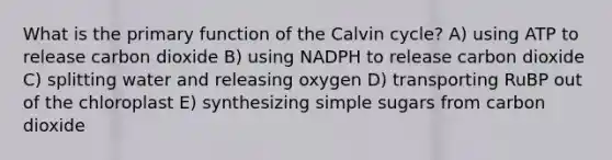 What is the primary function of the Calvin cycle? A) using ATP to release carbon dioxide B) using NADPH to release carbon dioxide C) splitting water and releasing oxygen D) transporting RuBP out of the chloroplast E) synthesizing simple sugars from carbon dioxide