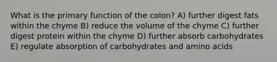 What is the primary function of the colon? A) further digest fats within the chyme B) reduce the volume of the chyme C) further digest protein within the chyme D) further absorb carbohydrates E) regulate absorption of carbohydrates and amino acids