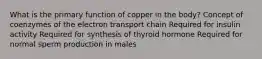 What is the primary function of copper in the body? Concept of coenzymes of the electron transport chain Required for insulin activity Required for synthesis of thyroid hormone Required for normal sperm production in males