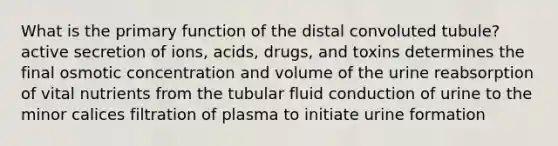 What is the primary function of the distal convoluted tubule? active secretion of ions, acids, drugs, and toxins determines the final osmotic concentration and volume of the urine reabsorption of vital nutrients from the tubular fluid conduction of urine to the minor calices filtration of plasma to initiate urine formation