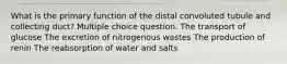 What is the primary function of the distal convoluted tubule and collecting duct? Multiple choice question. The transport of glucose The excretion of nitrogenous wastes The production of renin The reabsorption of water and salts