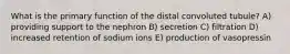 What is the primary function of the distal convoluted tubule? A) providing support to the nephron B) secretion C) filtration D) increased retention of sodium ions E) production of vasopressin