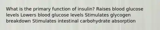 What is the primary function of insulin? Raises blood glucose levels Lowers blood glucose levels Stimulates glycogen breakdown Stimulates intestinal carbohydrate absorption