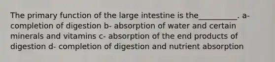 The primary function of the large intestine is the__________. a- completion of digestion b- absorption of water and certain minerals and vitamins c- absorption of the end products of digestion d- completion of digestion and nutrient absorption