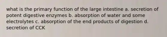 what is the primary function of the large intestine a. secretion of potent digestive enzymes b. absorption of water and some electrolytes c. absorption of the end products of digestion d. secretion of CCK