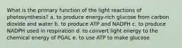 What is the primary function of the light reactions of photosynthesis? a. to produce energy-rich glucose from carbon dioxide and water b. to produce ATP and NADPH c. to produce NADPH used in respiration d. to convert light energy to the chemical energy of PGAL e. to use ATP to make glucose