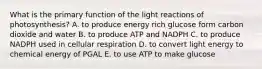 What is the primary function of the light reactions of photosynthesis? A. to produce energy rich glucose form carbon dioxide and water B. to produce ATP and NADPH C. to produce NADPH used in cellular respiration D. to convert light energy to chemical energy of PGAL E. to use ATP to make glucose