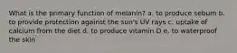 What is the primary function of melanin? a. to produce sebum b. to provide protection against the sun's UV rays c. uptake of calcium from the diet d. to produce vitamin D e. to waterproof the skin