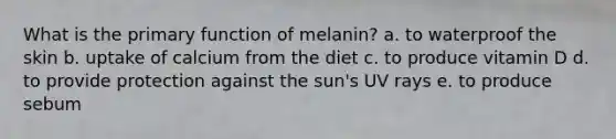 What is the primary function of melanin? a. to waterproof the skin b. uptake of calcium from the diet c. to produce vitamin D d. to provide protection against the sun's UV rays e. to produce sebum