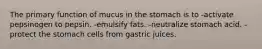 The primary function of mucus in the stomach is to -activate pepsinogen to pepsin. -emulsify fats. -neutralize stomach acid. -protect the stomach cells from gastric juices.