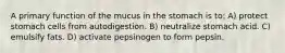 A primary function of the mucus in the stomach is to: A) protect stomach cells from autodigestion. B) neutralize stomach acid. C) emulsify fats. D) activate pepsinogen to form pepsin.