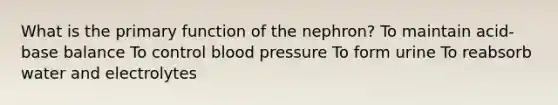 What is the primary function of the nephron? To maintain acid-base balance To control blood pressure To form urine To reabsorb water and electrolytes