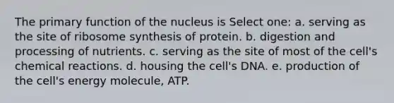 The primary function of the nucleus is Select one: a. serving as the site of ribosome synthesis of protein. b. digestion and processing of nutrients. c. serving as the site of most of the cell's chemical reactions. d. housing the cell's DNA. e. production of the cell's energy molecule, ATP.