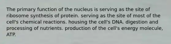 The primary function of the nucleus is serving as the site of ribosome synthesis of protein. serving as the site of most of the cell's chemical reactions. housing the cell's DNA. digestion and processing of nutrients. production of the cell's energy molecule, ATP.