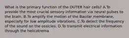 What is the primary function of the OUTER hair cells? A.To provide the most crucial sensory information via neural pulses to the brain. B.To amplify the motion of the Basilar membrane, especially for low amplitude vibrations. C.To detect the frequency of the sound on the ossicles. D.To transmit electrical information through the helicotrema