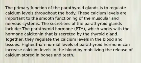 The primary function of the parathyroid glands is to regulate calcium levels throughout the body. These calcium levels are important to the smooth functioning of the muscular and nervous systems. The secretions of the parathyroid glands include: The parathyroid hormone (PTH), which works with the hormone calcitonin that is secreted by the thyroid gland. Together, they regulate the calcium levels in the blood and tissues. Higher-than-normal levels of parathyroid hormone can increase calcium levels in the blood by mobilizing the release of calcium stored in bones and teeth.