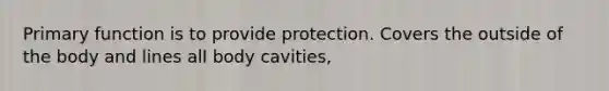 Primary function is to provide protection. Covers the outside of the body and lines all body cavities,