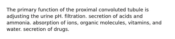 The primary function of the proximal convoluted tubule is adjusting the urine pH. filtration. secretion of acids and ammonia. absorption of ions, organic molecules, vitamins, and water. secretion of drugs.